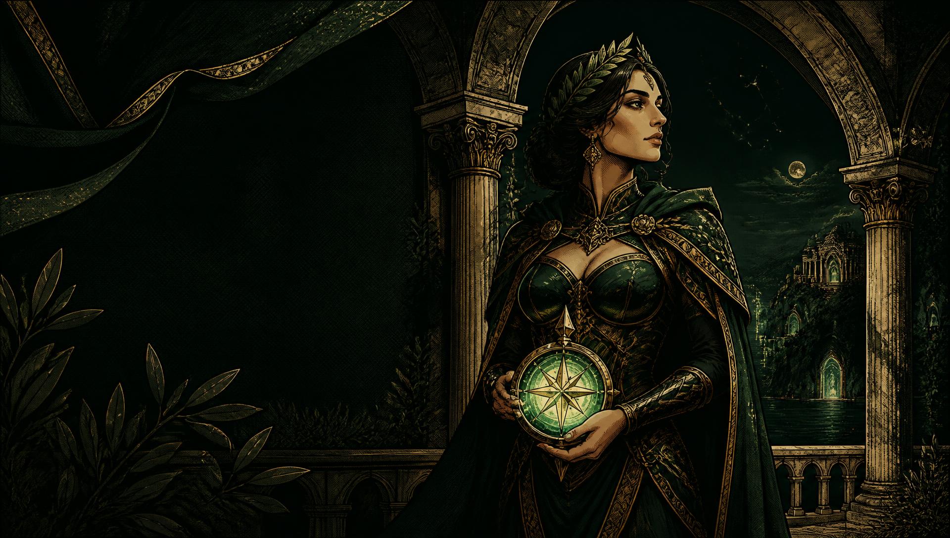 Illustrazione fantasy con una bussola luminosa
